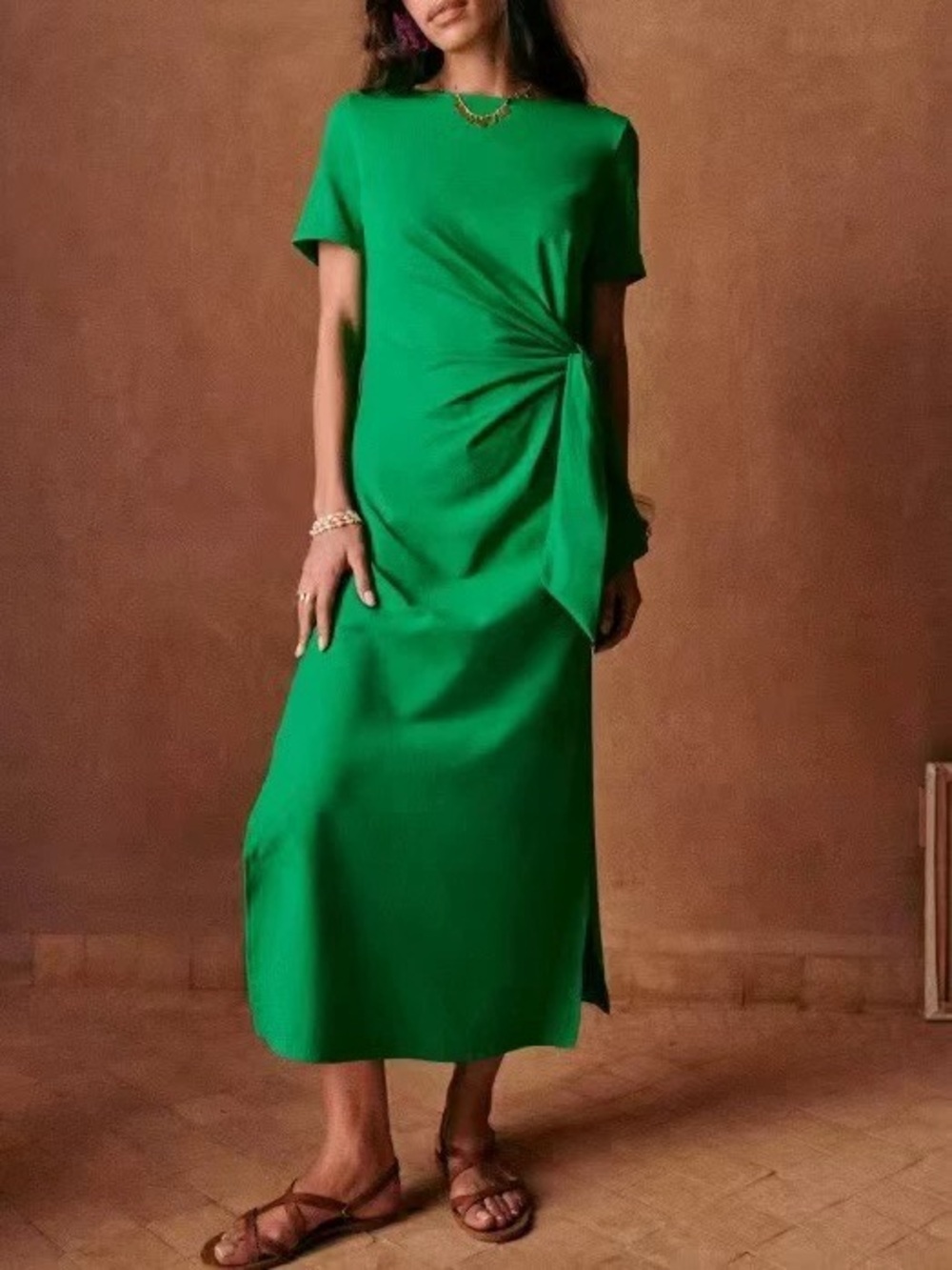 Sezane Green Midi Dress with Side Knot Detail